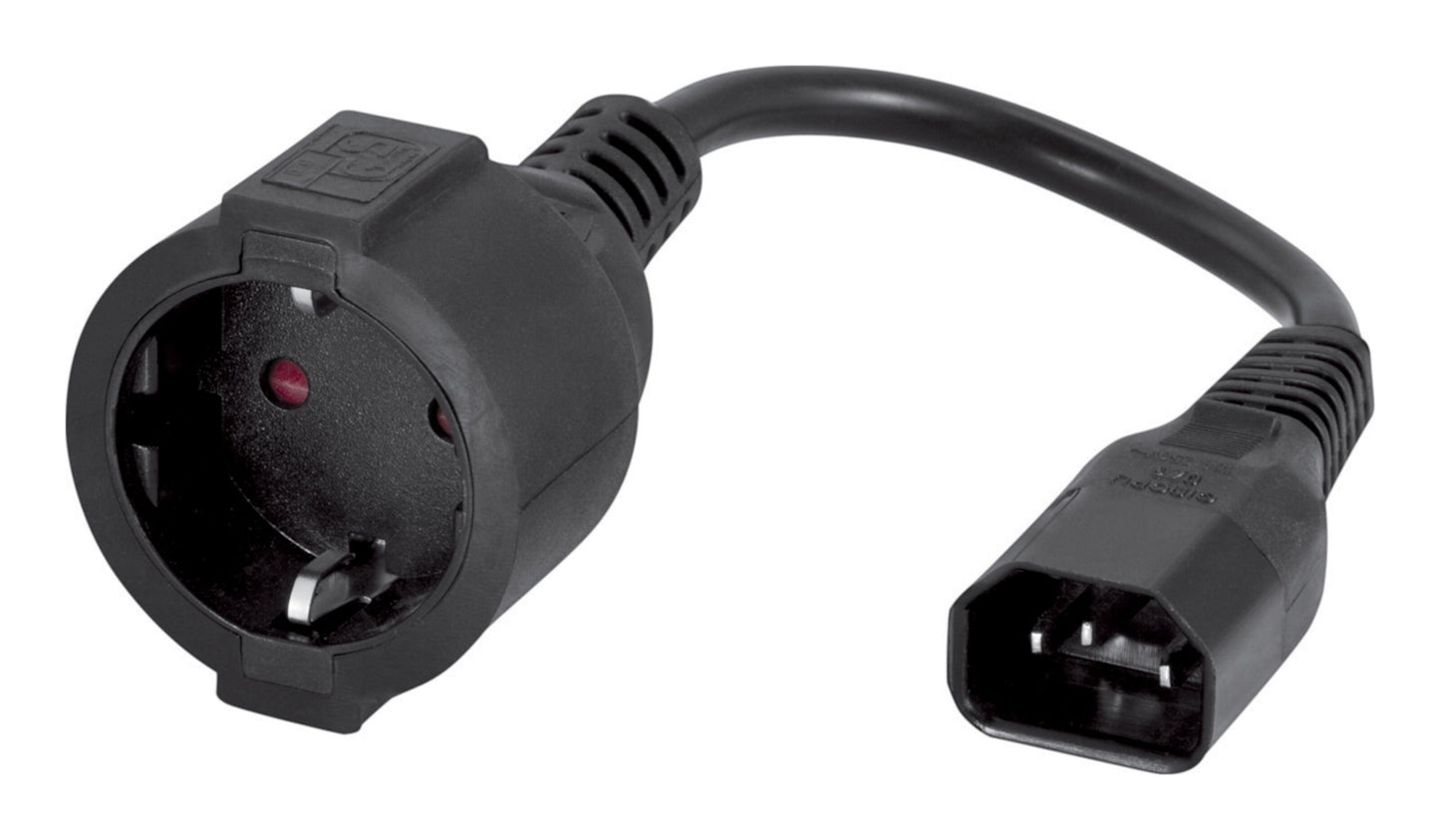 Apparatkabel 0,2 m med C14 hanstik og europæisk Schuko jordet stik, sort, til 230V strømforbindelser.