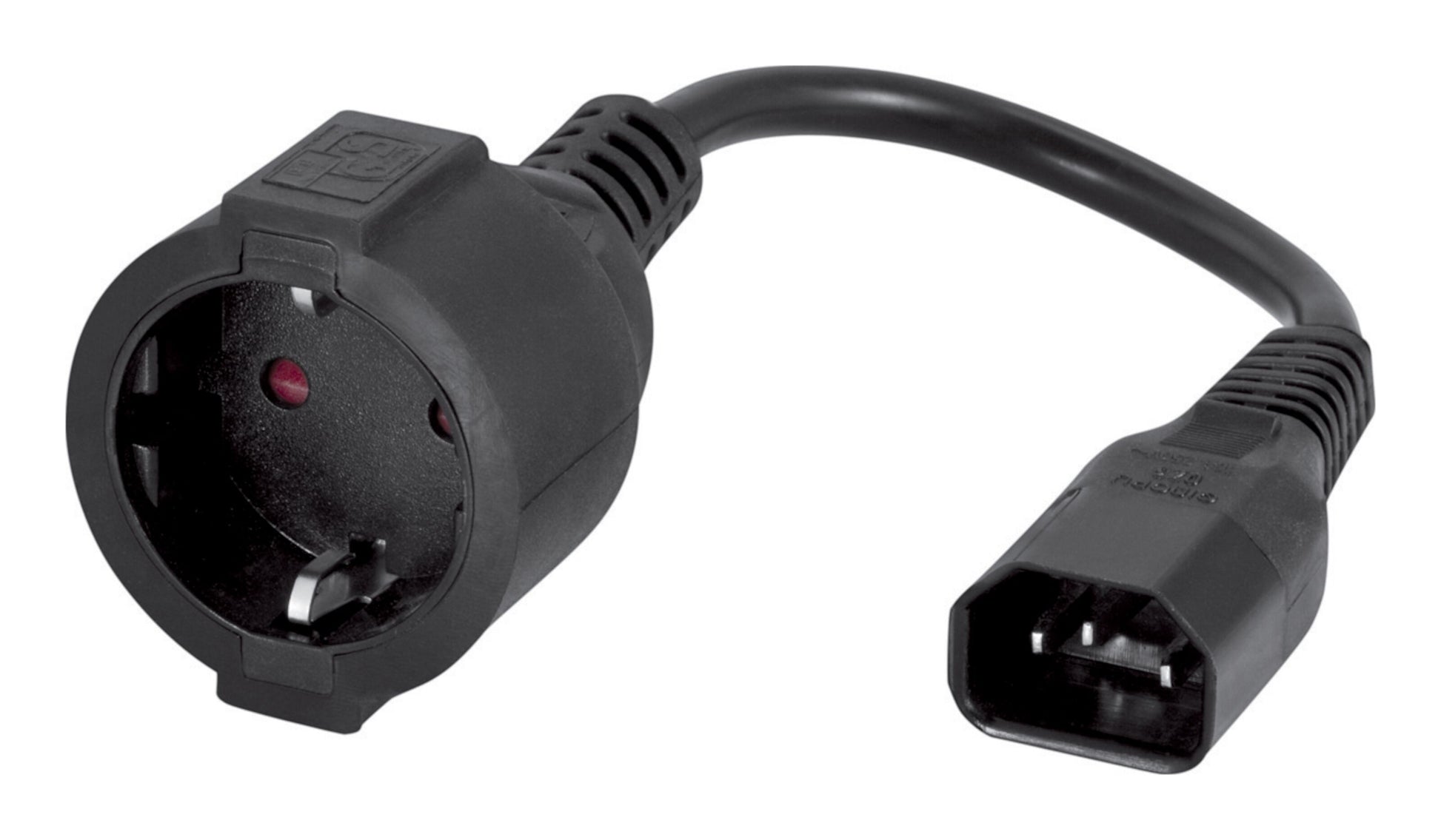 Apparatkabel 0,2 m med C14 hanstik og europæisk Schuko jordet stik, sort, til 230V strømforbindelser.