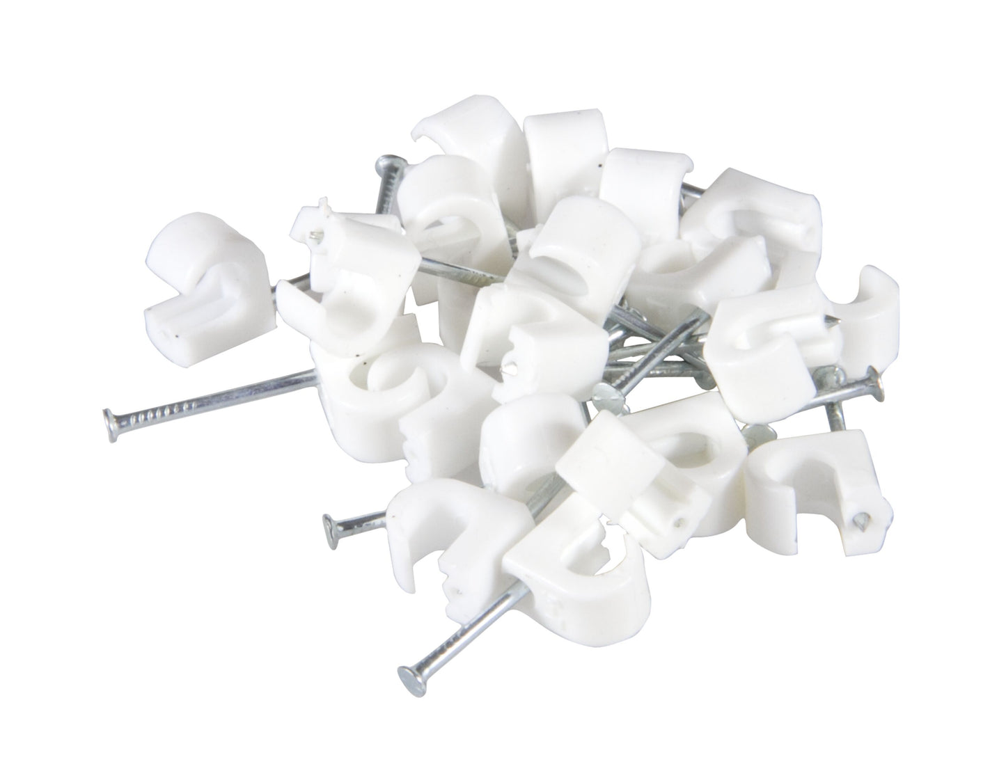 Kabelsøm til rund kabel 5-7 mm, hvide clips med metalsøm, 20 stk pakke.