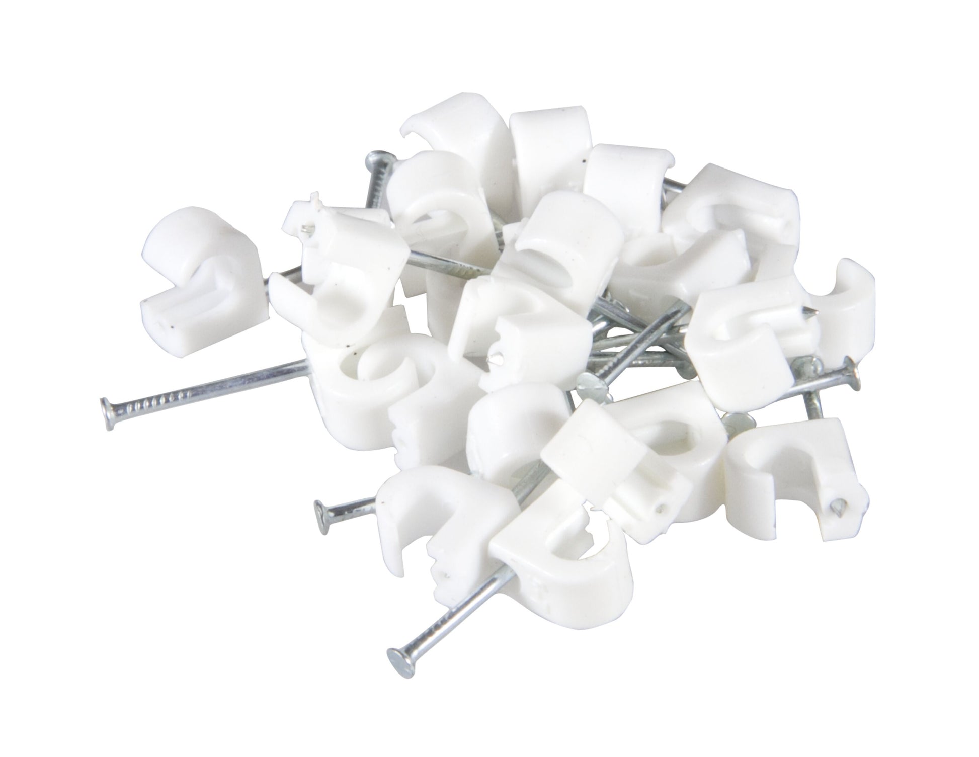 Kabelsøm til rund kabel 5-7 mm, hvide clips med metalsøm, 20 stk pakke.