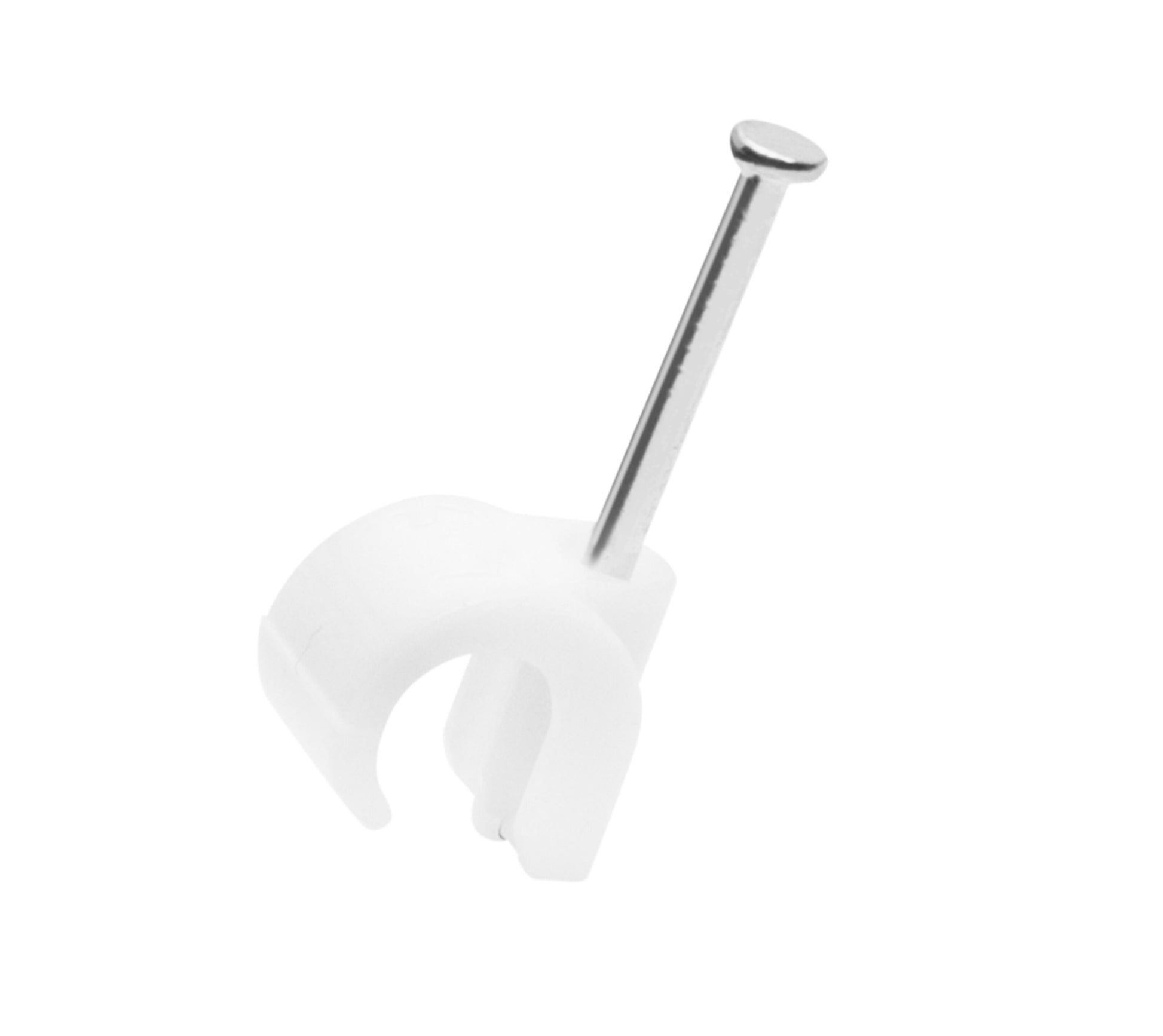 Kabelsøm til rund kabel 5-7 mm 100-pak med plastbøjle og metalspiker til fastgørelse af kabler på vægge.