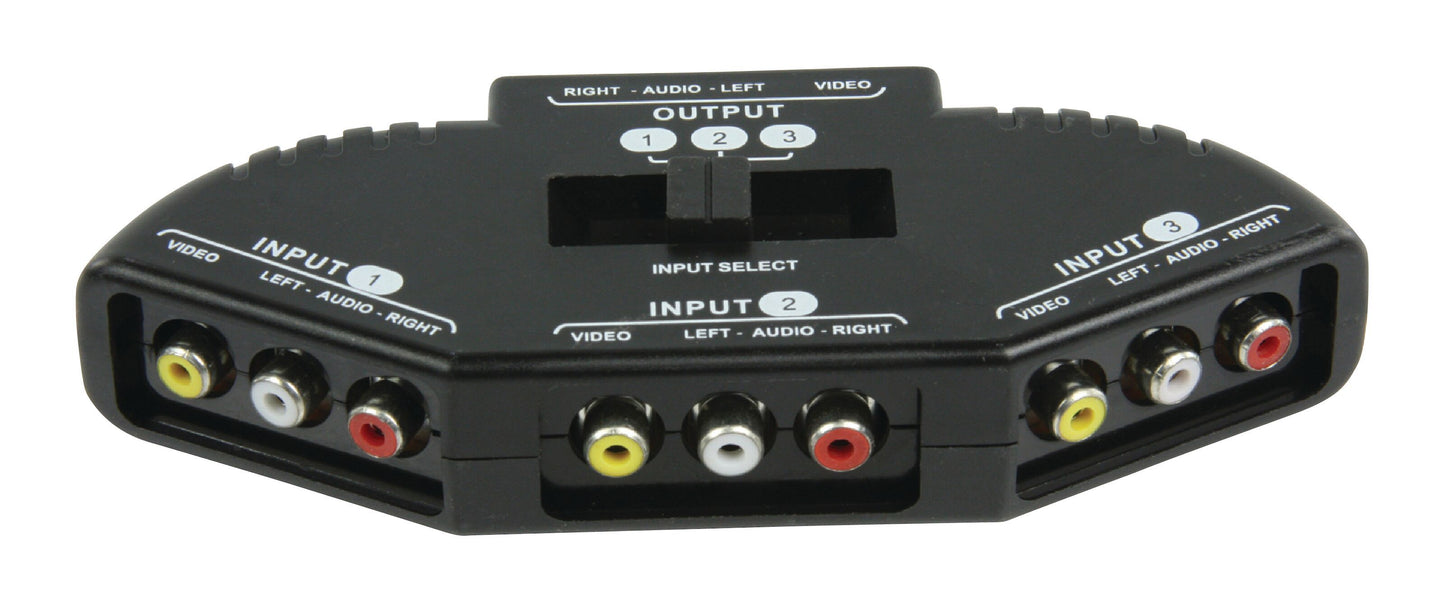 Sort RCA-switch 3-vejs med tre sæt composite video og L/R audio indgange, én udgang, tydelig mærkning, skydeknap på toppen.