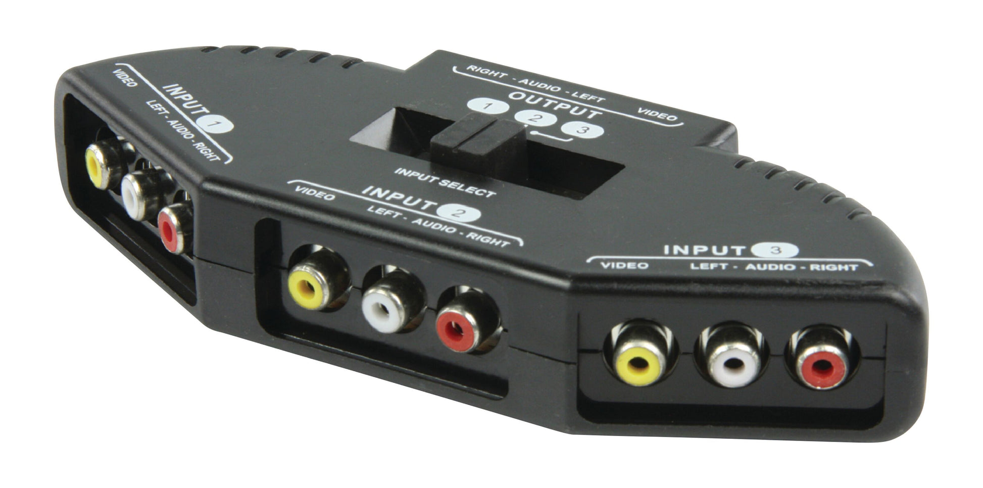 RCA-switch 3-vejs, sort, tre tydeligt mærkede RCA-indgange (gul: video, hvid/rød: lyd) og én RCA-udgang.