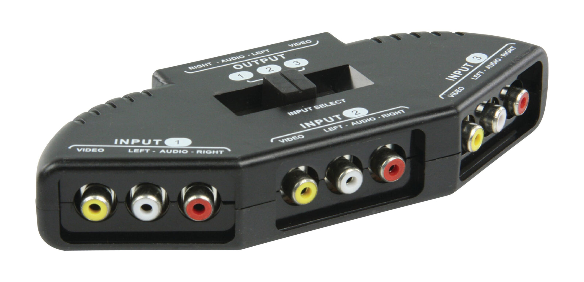 Nedis RCA-switch 3-vejs sort boks med flere input/output-porte til kompositvideo og venstre/højre lyd, tydeligt markerede porte.