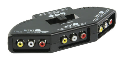 Nedis RCA-switch 3-vejs sort boks med flere input/output-porte til kompositvideo og venstre/højre lyd, tydeligt markerede porte.
