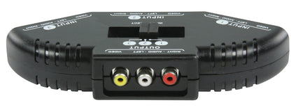 Nedis RCA-switch 3-vejs i sort med mærkede gul video, hvid left audio og rød right audio porte, inputvalg vises øverst.
