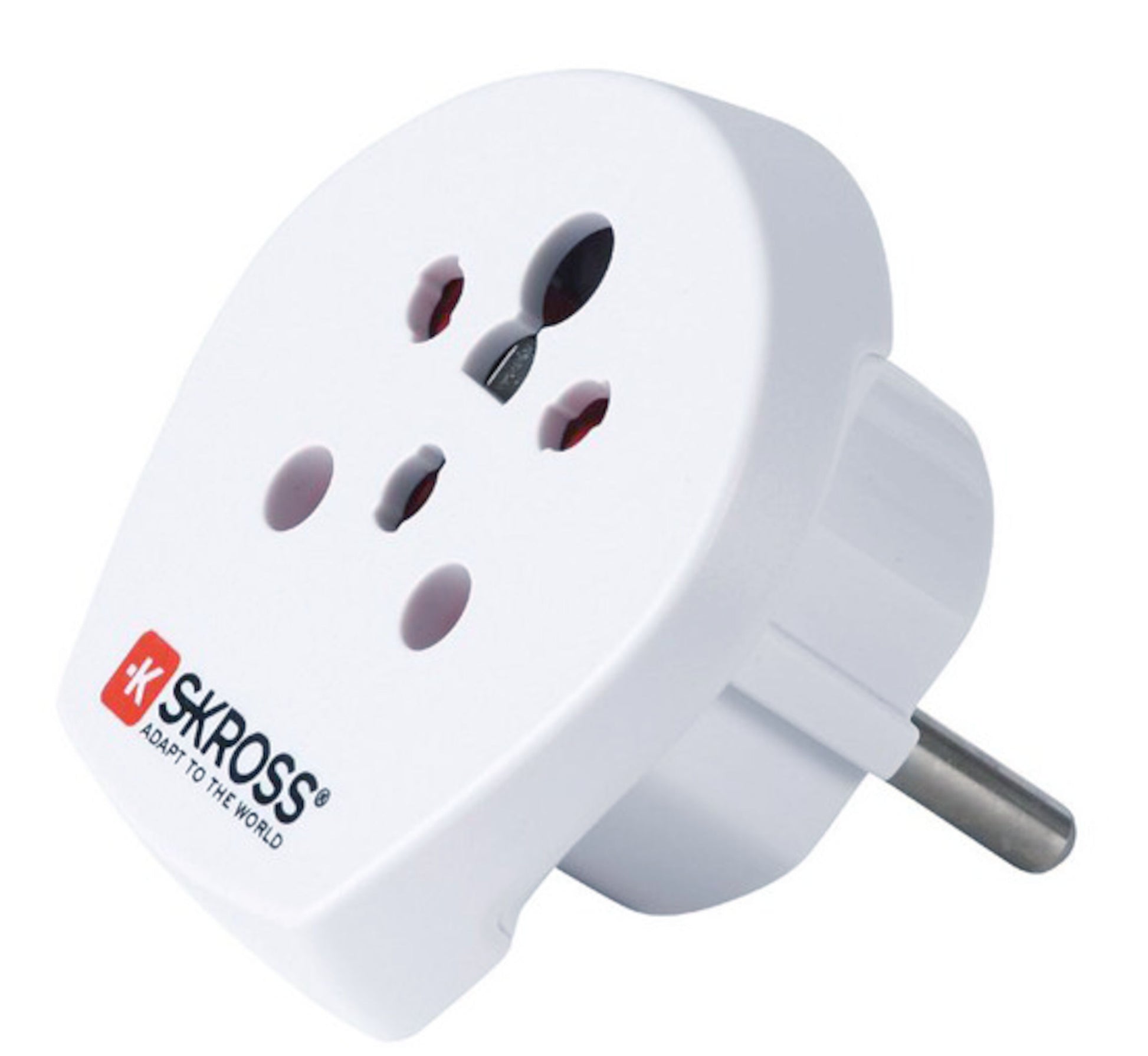 Skross rejseadapter rund EU stiktype F til Indien, Israel og Danmark, flere stikåbninger, Skross-logo og slogan på fronten.