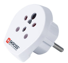 Skross rejseadapter rund EU stiktype F til Indien, Israel og Danmark, flere stikåbninger, Skross-logo og slogan på fronten.