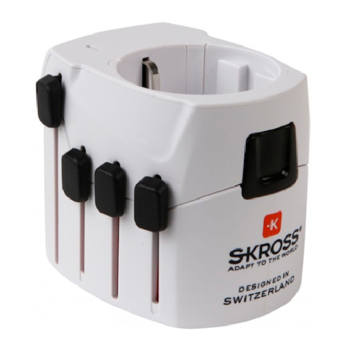 SKROSS Universal rejseadapter hvid med sorte skydeknapper, stikudtag og SKROSS-logo på fronten.
