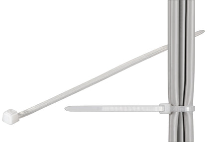 Luxorparts Bundbånd 150x3,6 mm transparent, et spænder grå kabler, et ubrugt bundbånd bagved.