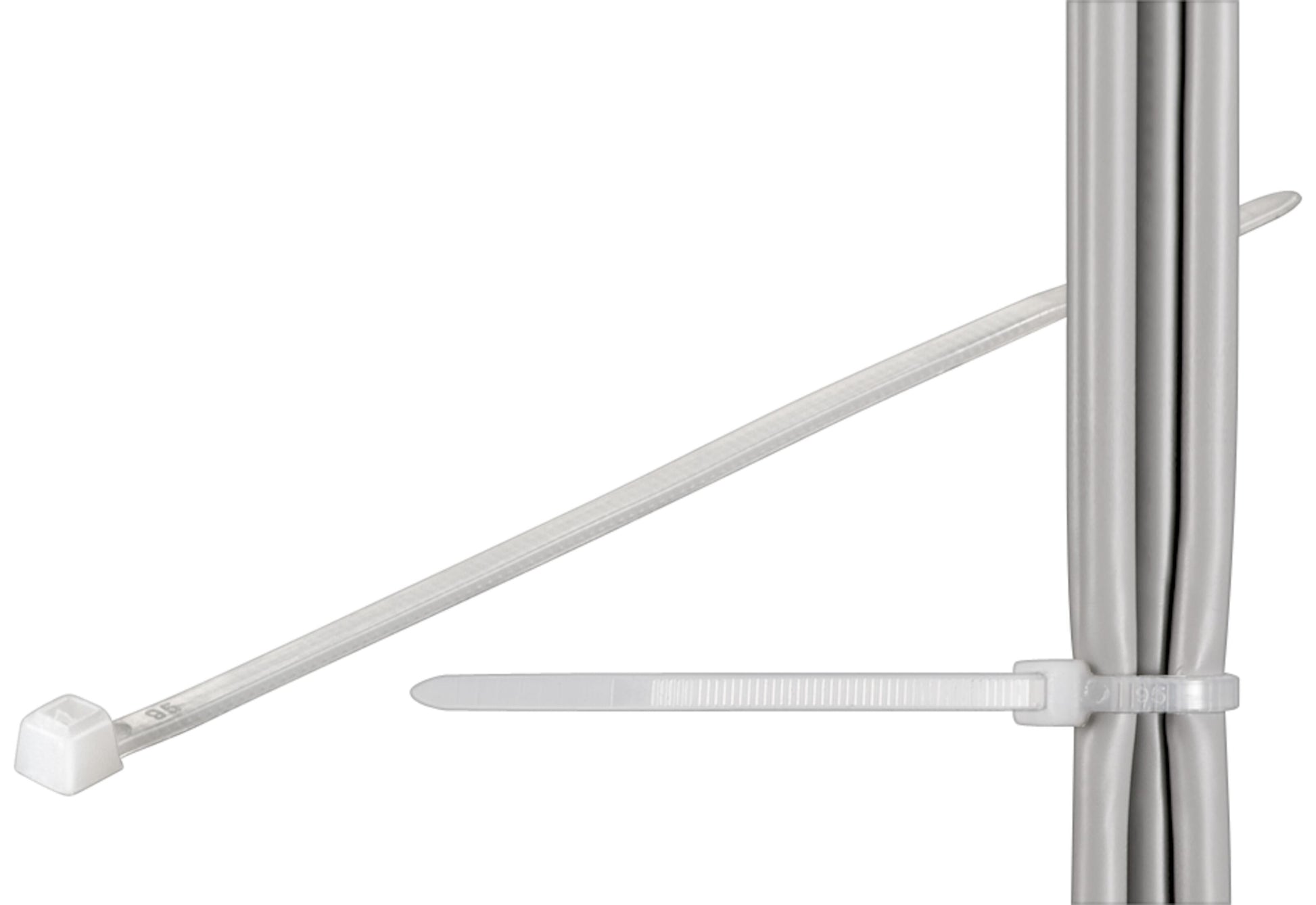 Bundbånd 100x2,5 mm transparent i brug om grå kabler, ekstra bundbånd ligger løst ved siden af, 100-pak.