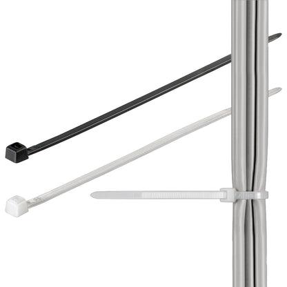 Luxorparts bundbånd 200x4,8 mm, sort og hvid vises adskilt, hvid bundbånd holder grå kabler sammen.