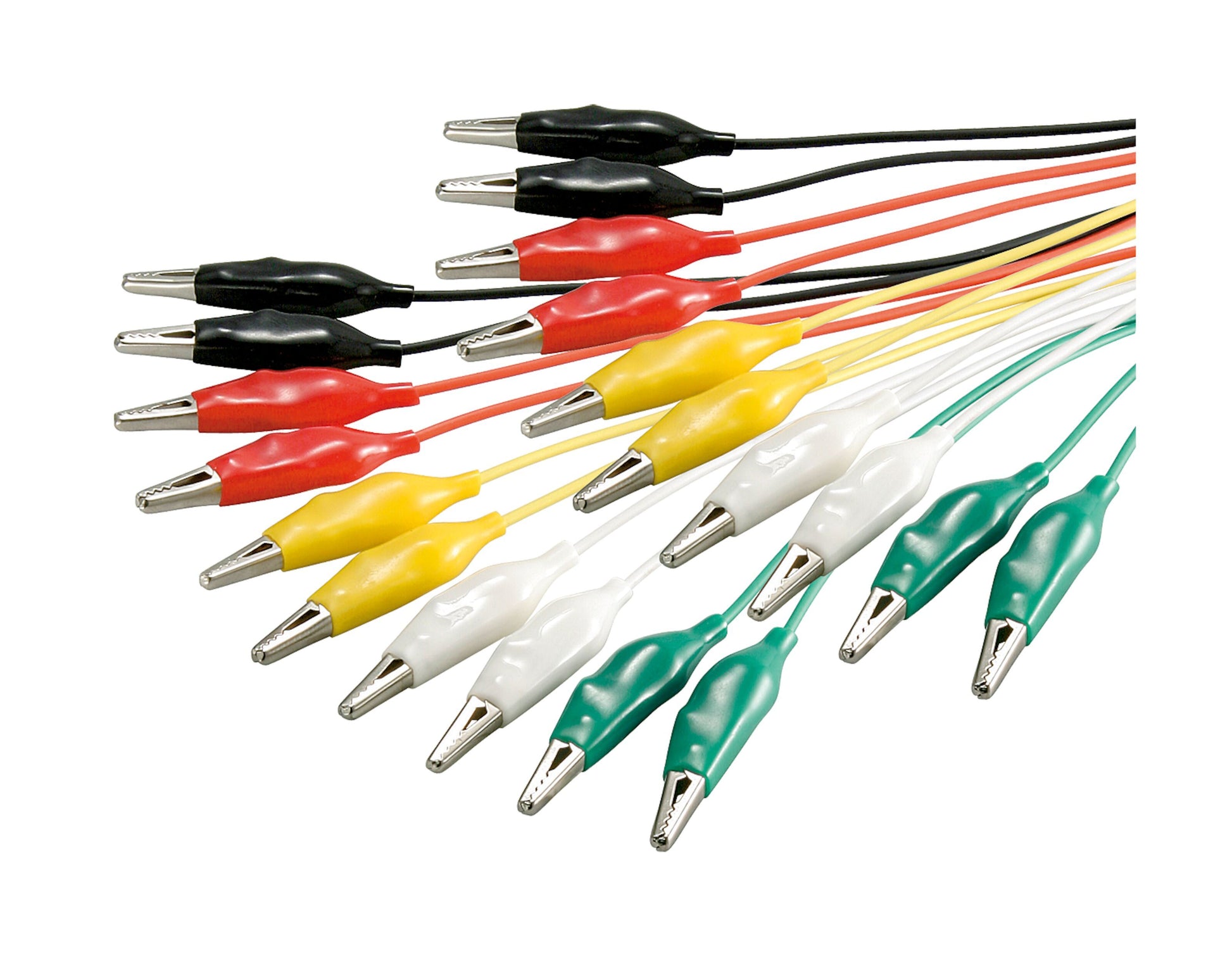 Luxorparts målesnore 60 V 10-pak 32 mm, sorte, røde, gule, hvide og grønne ledninger med isolerede krokodilleklemmer.