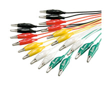Luxorparts målesnore 60 V 10-pak 32 mm, sorte, røde, gule, hvide og grønne ledninger med isolerede krokodilleklemmer.