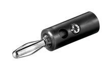 Laboratorieprop 4 mm, 39 mm, sort og sølv med metalpin, cylinderhus og sideskrue til ledningsfastgørelse.