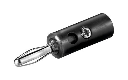 Laboratorieprop 4 mm, 39 mm, sort og sølv med metalpin, cylinderhus og sideskrue til ledningsfastgørelse.