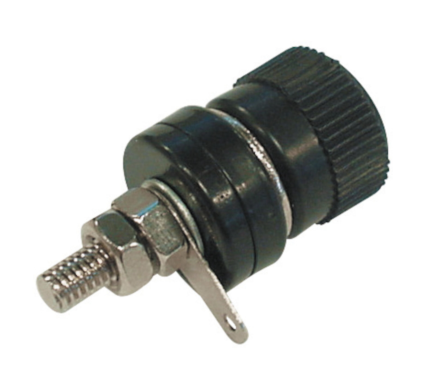 4 mm sort binding post terminal med gevindet metalstift, sekskantmøtrik og rillet hætte til ledning, velegnet til panelmontering.