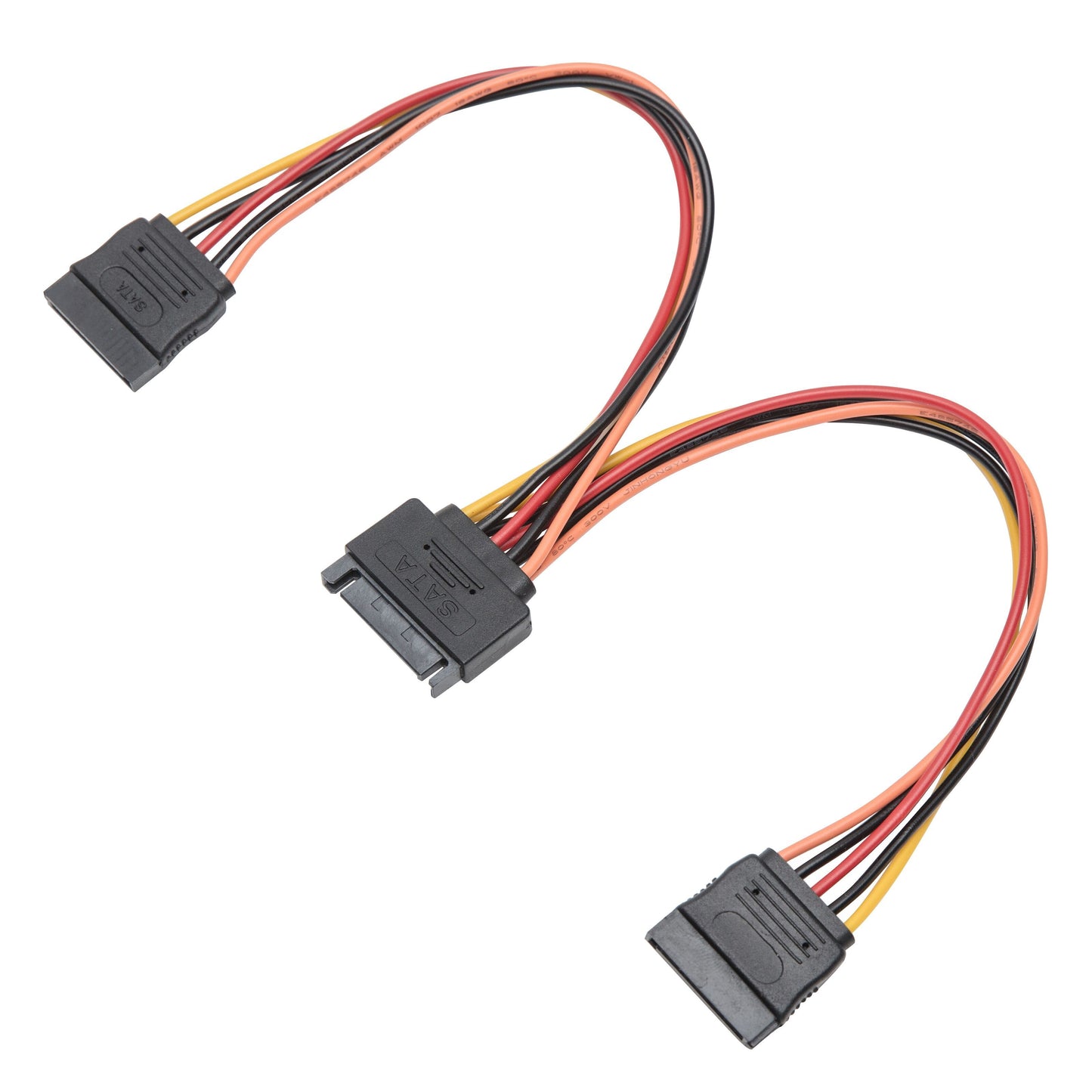 SATA fordelerkabel med sorte stik, røde, sorte og gule ledninger splitter ét SATA strømstik til at udgange.