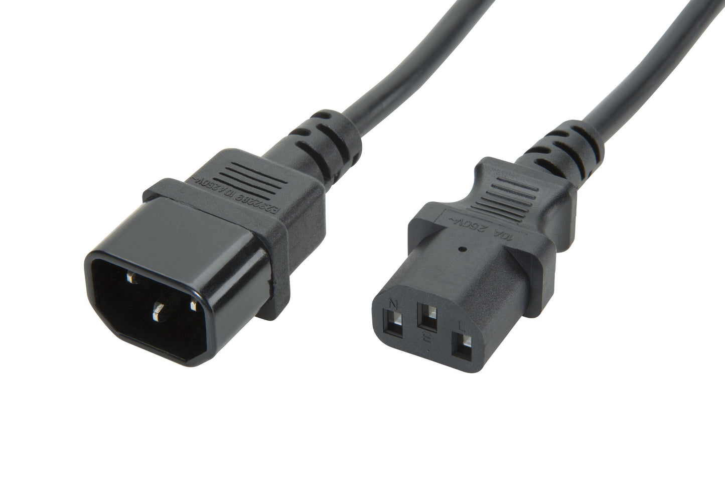 Sort tilslutningskabel C14 til C13, 2 m, IEC C13 hun og IEC C14 han stik, sort ledning.