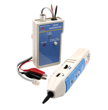 Grænsekabeltester kit blå generator med dual/single tone, LED-indikatorer, krokodillenæb, RJ11 stik og probe wand.