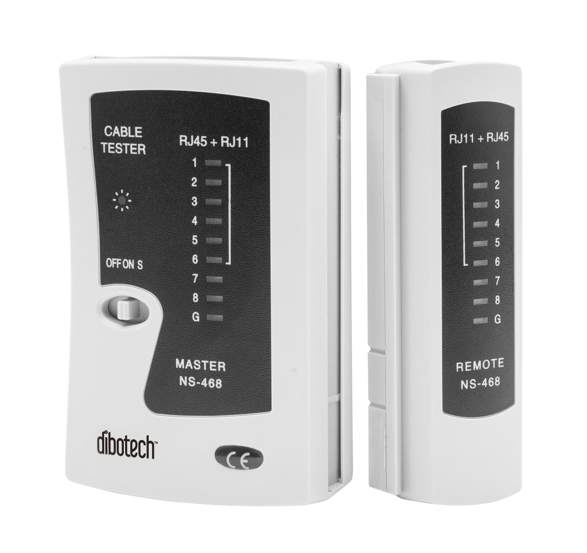 Dibotech netværkstester NS-468, to enheder (Master/Remote) til RJ45/RJ11 med LED-indikator og kontakt.