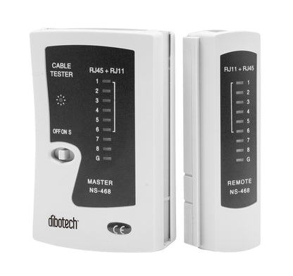 Dibotech netværkstester NS-468, to enheder (Master/Remote) til RJ45/RJ11 med LED-indikator og kontakt.