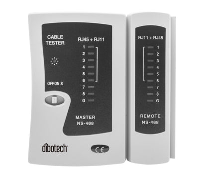 Dibotech netværksværktøjskasse med NS-468 kabeltester, master/remote-enheder, indikatorlys, RJ45/RJ11-mærkede porte.