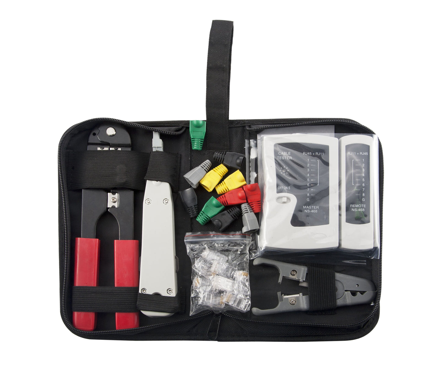 Værktøjskasse til netværksinstallation i sort lynlåstaske med crimptang, kabelstripper, tester, RJ45-stik og kabelboots.