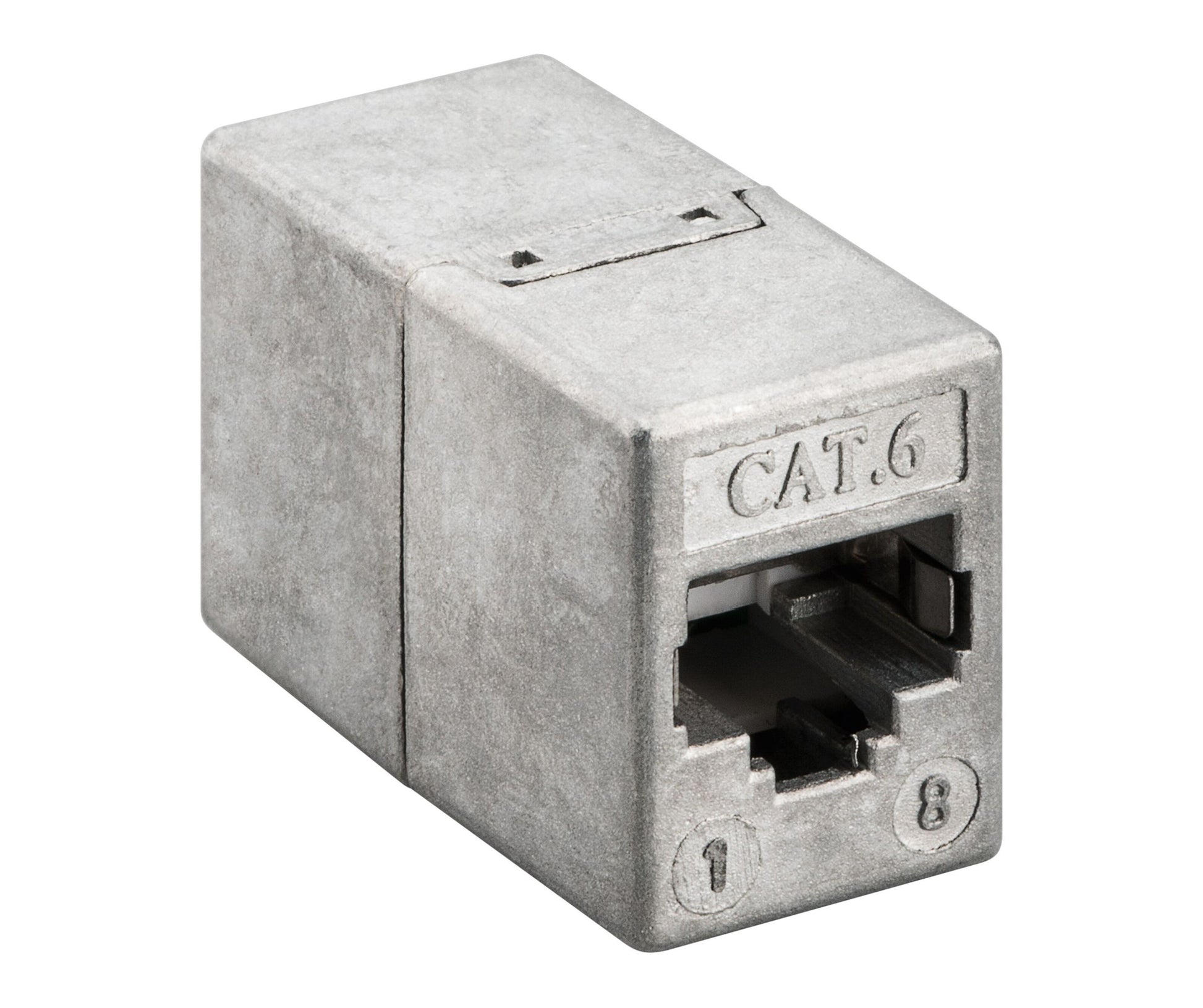 Luxorparts skærmet RJ45 stik Cat. 6 FTP, rektangulær metalkobling med CAT.6 mærke og nummer 1 og 8.
