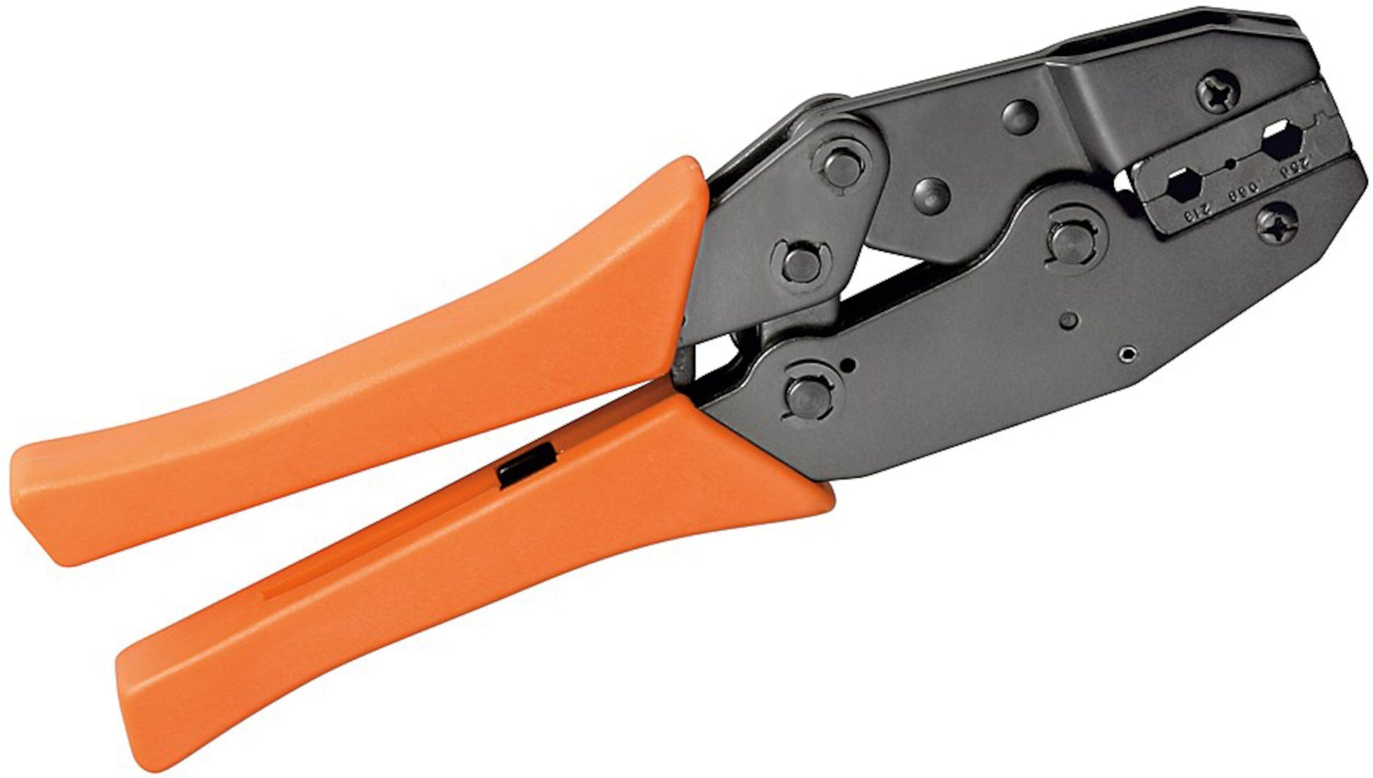 The Presseværktøj til koaksialforbindelser features orange handles and a black metal head, making it ideal for efficient crimpning of electrical connectors.