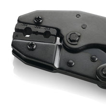 Close-up of Presseværktøj til koaksialforbindelser, a black metal crimping tool with visible screw heads and wire gauge markings, ideal for coaxial connections, isolated on a white background.