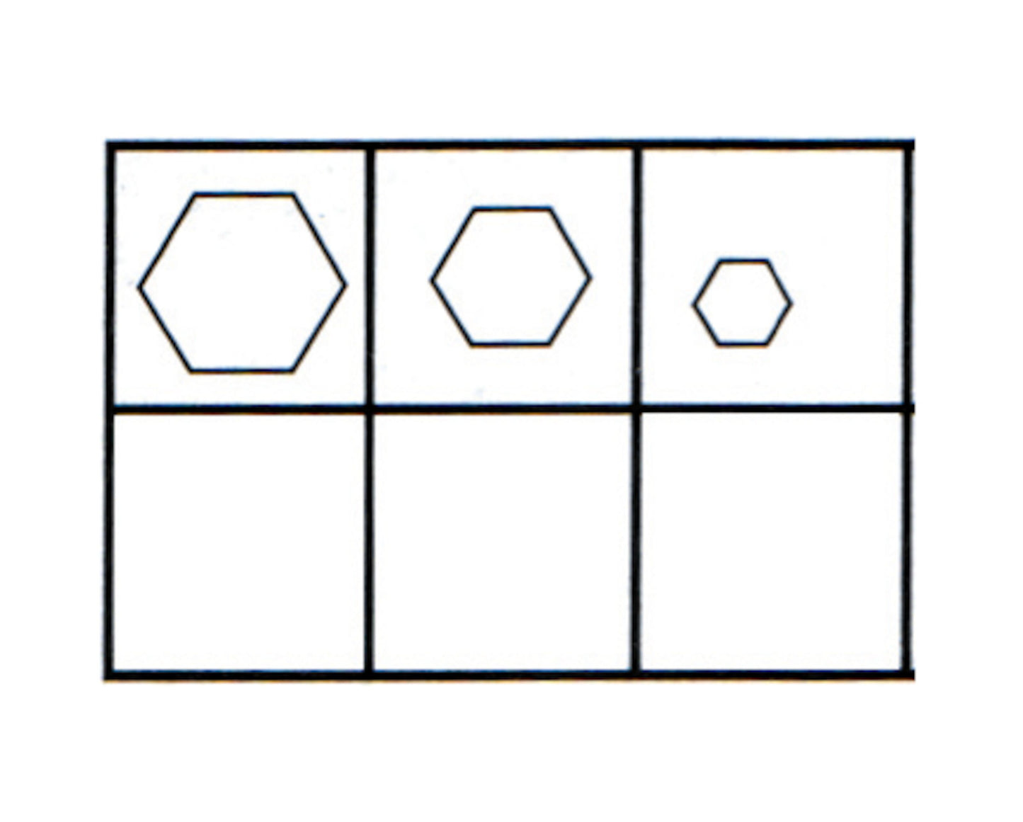 A grid with two rows and three columns. The top row shows three hexagons in squares, decreasing in size from left to right—perfect for demonstrating crimping of koaksialforbindelser with the Presseværktøj til koaksialforbindelser. The bottom row is empty.