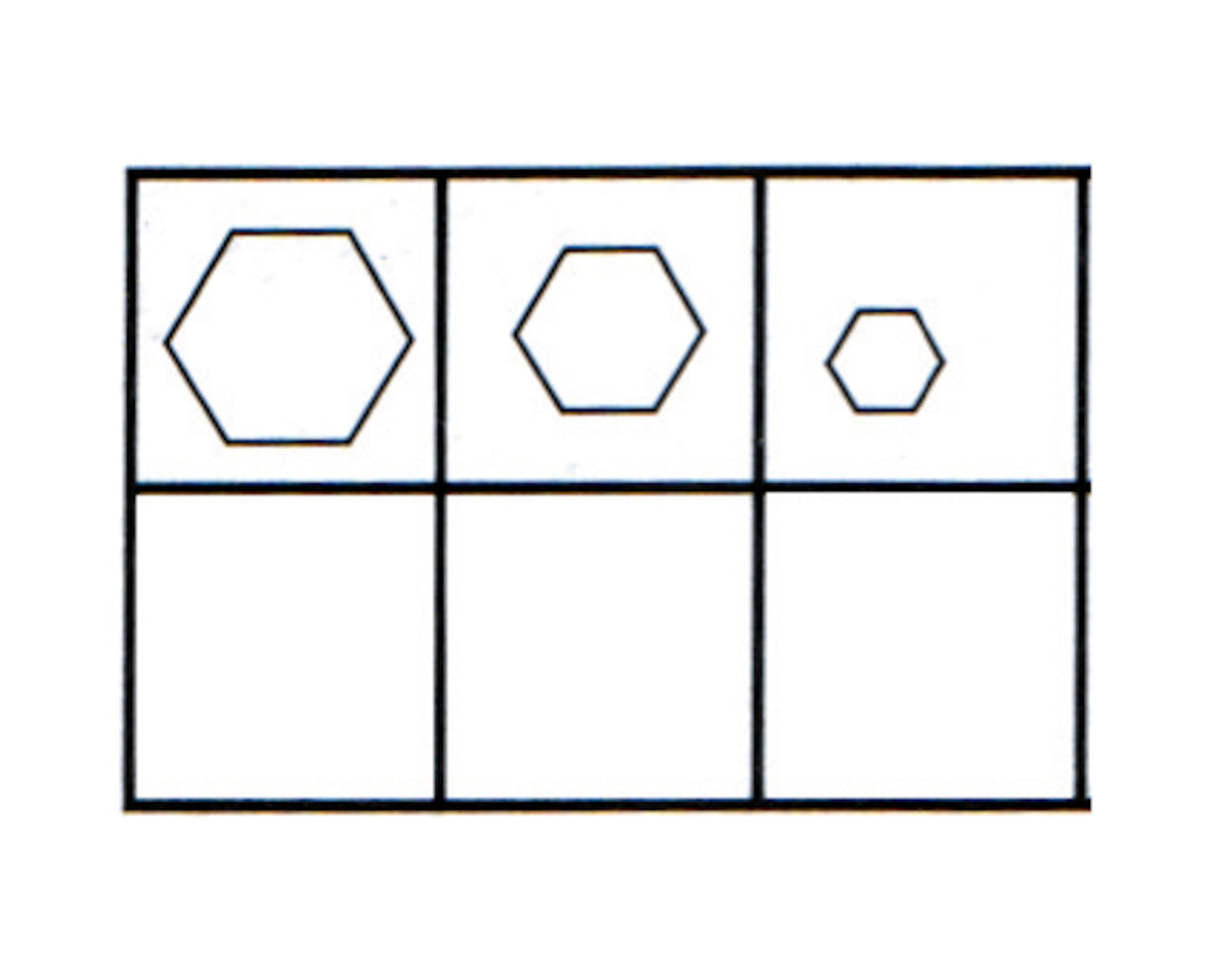 A grid with two rows and three columns. The top row shows three hexagons in squares, decreasing in size from left to right—perfect for demonstrating crimping of koaksialforbindelser with the Presseværktøj til koaksialforbindelser. The bottom row is empty.