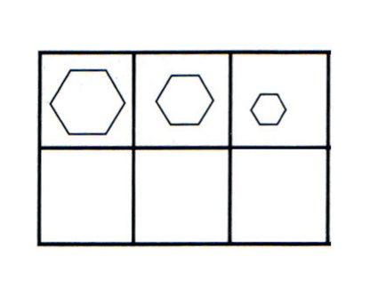 A grid with two rows and three columns. The top row shows three hexagons in squares, decreasing in size from left to right—perfect for demonstrating crimping of koaksialforbindelser with the Presseværktøj til koaksialforbindelser. The bottom row is empty.