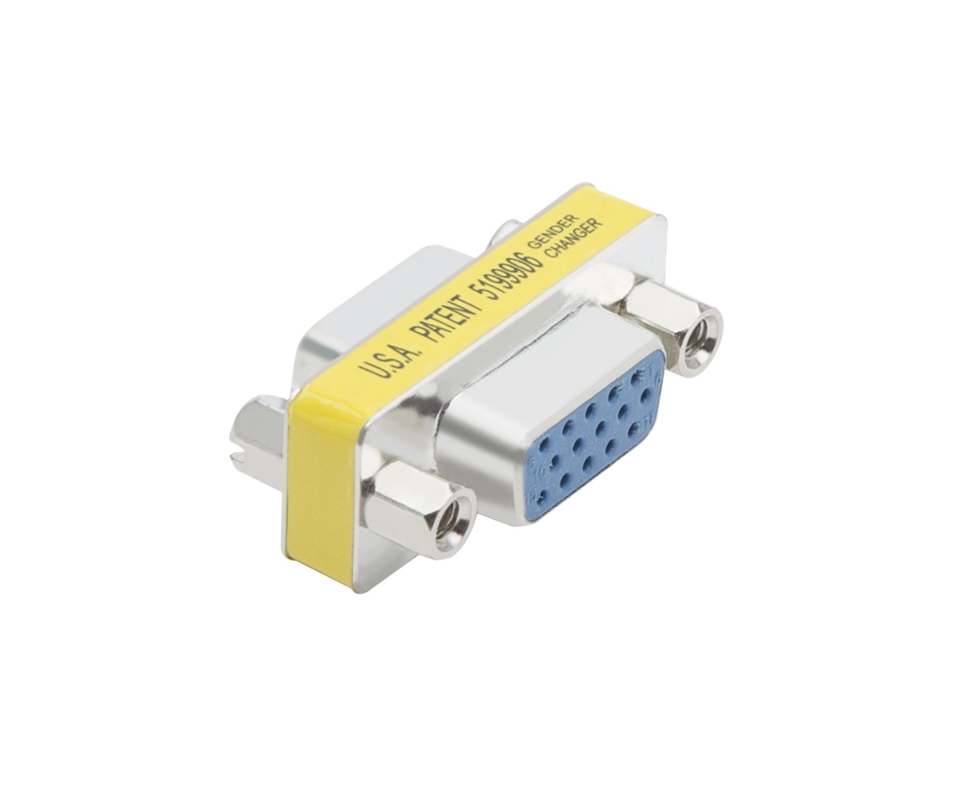 VGA gender changer adapter sølv, blå 15-pin dobbelt hun-port, gul label med "U.S.A. PATENT 5,065,597 GENDER CHANGER.