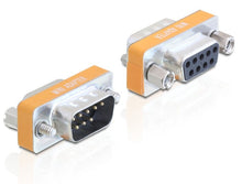 Nulmodemadapter DB9 sæt, 1 han med 9 guldbelagte pins, 1 hun med 9 huller, orange MINI ADAPTER mærke, sideskruer.
