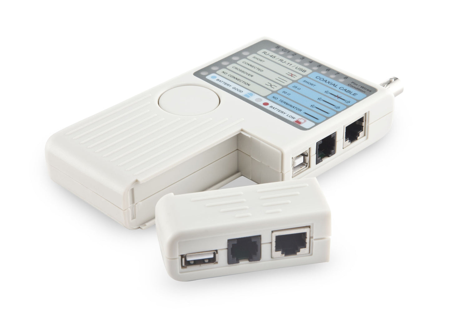 Velleman kabeltester med aftageligt modul, port til RJ45, RJ11 og USB-kabler, indikatorlys på toppanel.