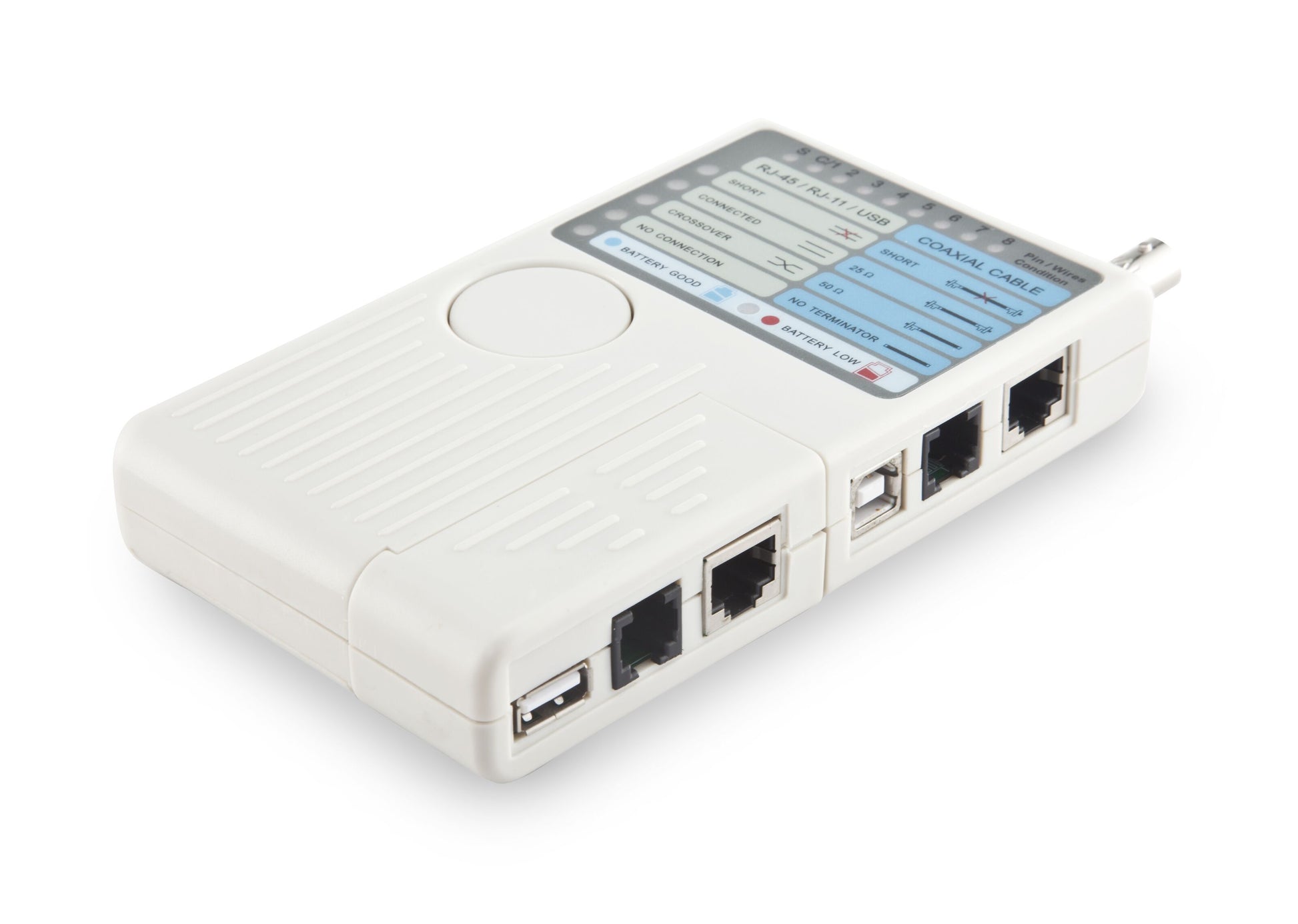 Kabeltester med mærkede porte og knapper øverst til netværkskabler, USB, RJ45, RJ11 og koaksialforbindelser.