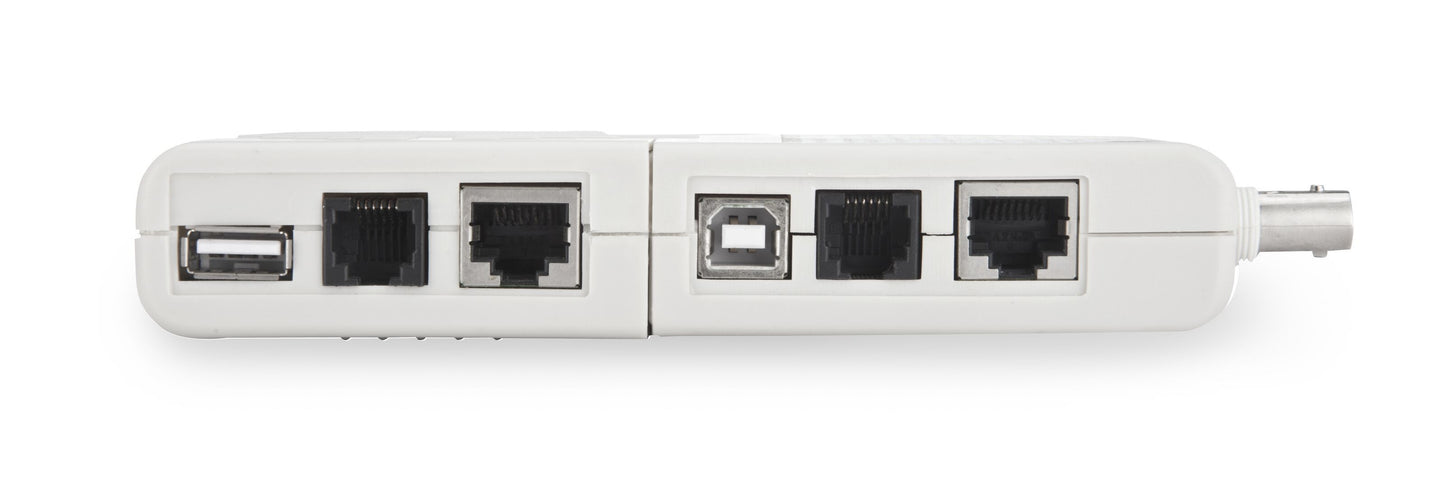 Kabeltester til computerkabler, hvid med USB-, Ethernet-, telefon- og coax-stik i række, identificerer stiktyper.