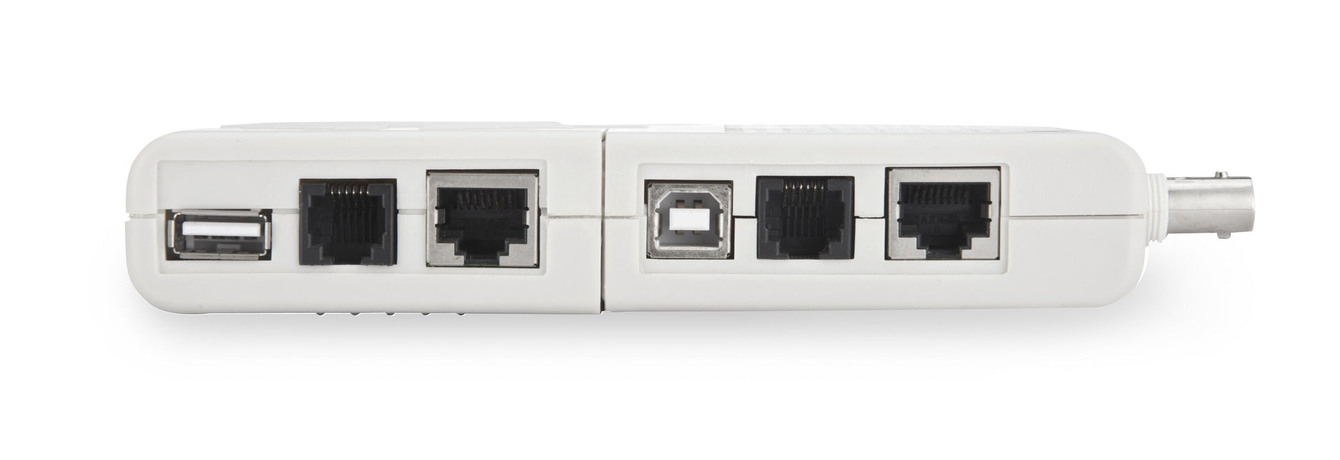 Kabeltester til computerkabler, hvid med USB-, Ethernet-, telefon- og coax-stik i række, identificerer stiktyper.