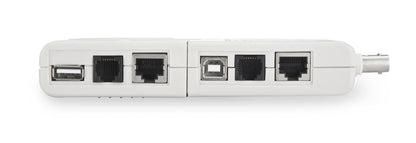 Kabeltester til computerkabler, hvid med USB-, Ethernet-, telefon- og coax-stik i række, identificerer stiktyper.