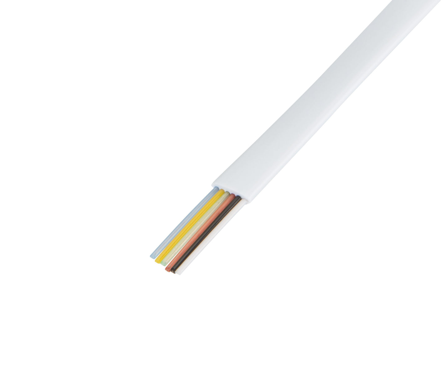 Modulkabel hvid 6 ledere, blå gul orange brun grå ledninger, RJ12 stik, egnet til telefon eller modem.