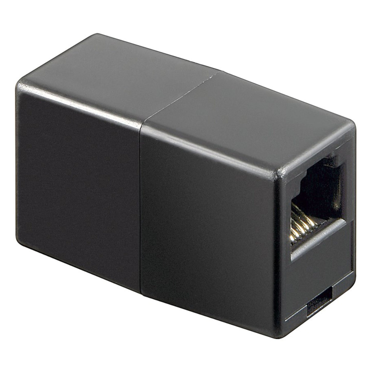 RJ12 sammenkoblingsenhed, sort rektangulær Ethernet-kabelkobling med RJ45-port, kompatibel med teleudstyr.