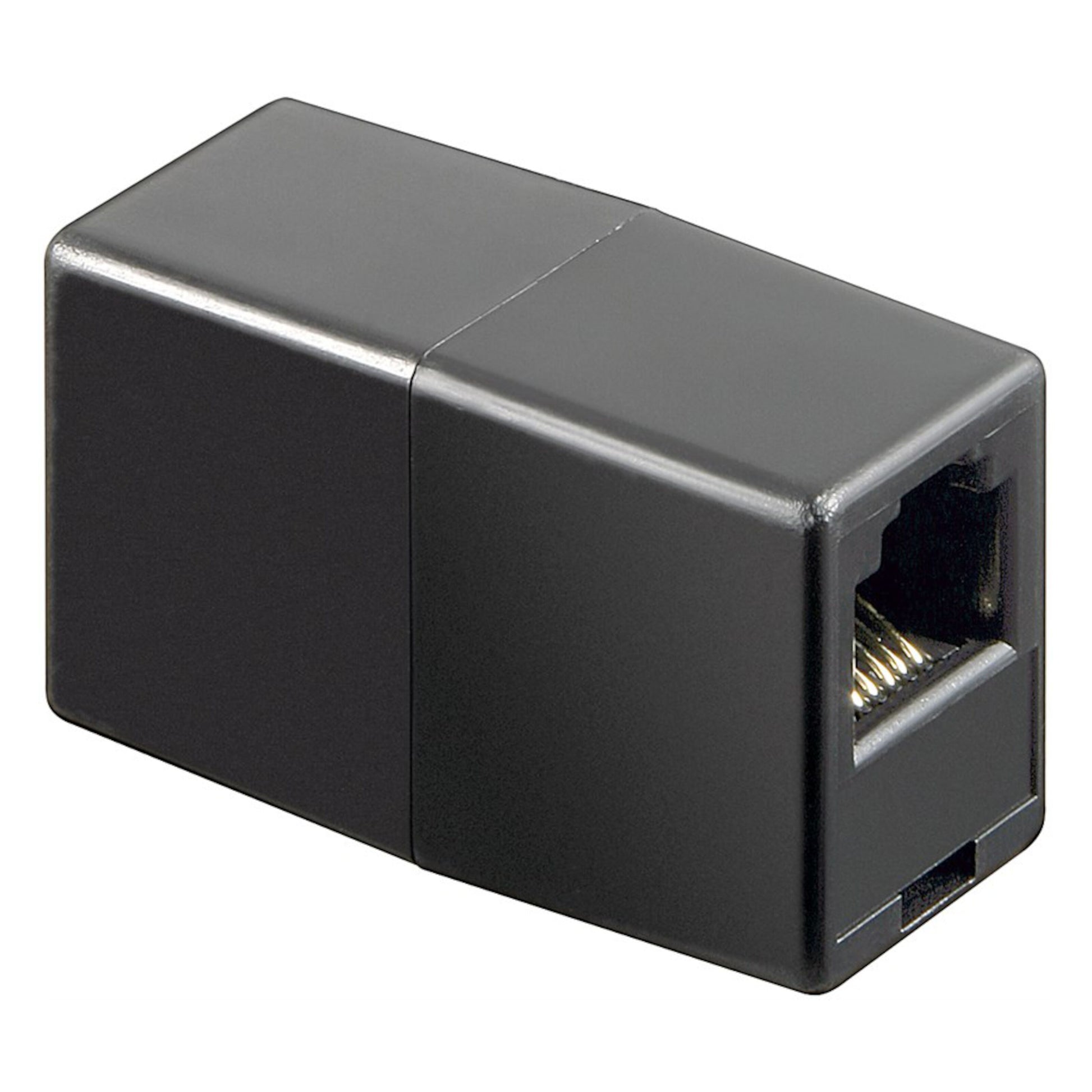 RJ12 sammenkoblingsenhed, sort rektangulær Ethernet-kabelkobling med RJ45-port, kompatibel med teleudstyr.