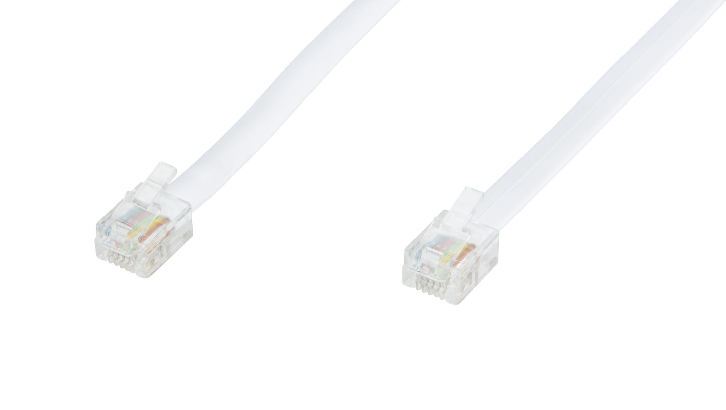 Deltaco RJ12 til RJ12 telefonkabel 3 m hvid med gennemsigtige RJ12-stik i begge ender.