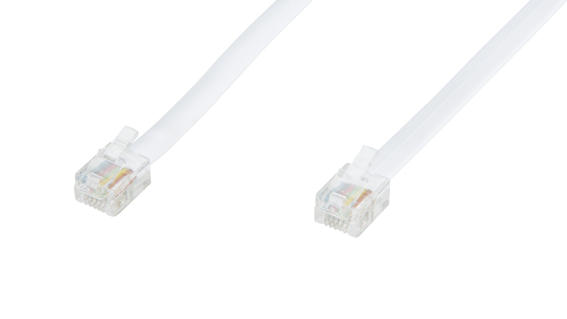 Deltaco RJ12 til RJ12 telefonkabel 3 m hvid med gennemsigtige RJ12-stik i begge ender.