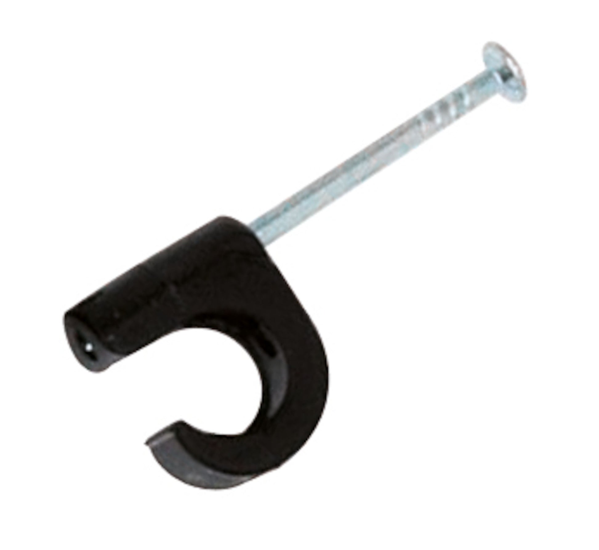 Sorte kabelclips til rund kabel 7-10 mm, U-formet plastbøjle og metalnål, 100 stk pakning.