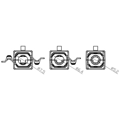 Tekniske diagrammer af firkantede RJ45 Cat. 6 stikdele med centrale cirkler og diameter 7,5/6,4/5,2 mm angivet.