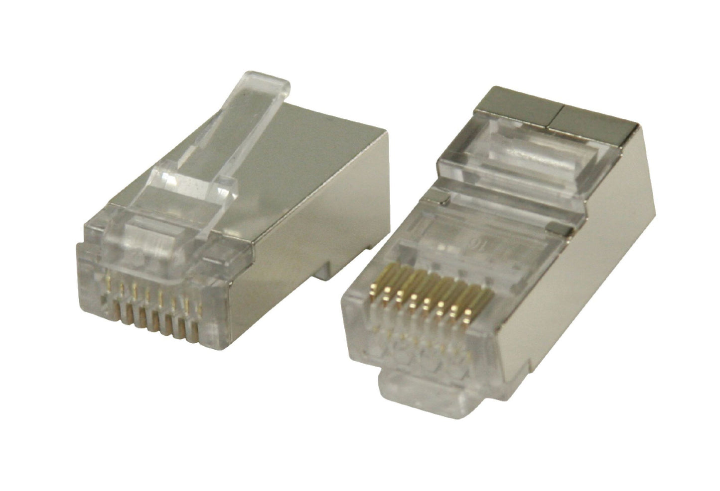 RJ45 stik til rund Cat. 6 FTP kabel, gyldne kontakter, flad og opret vinkel, lås synlig, 10-pak.