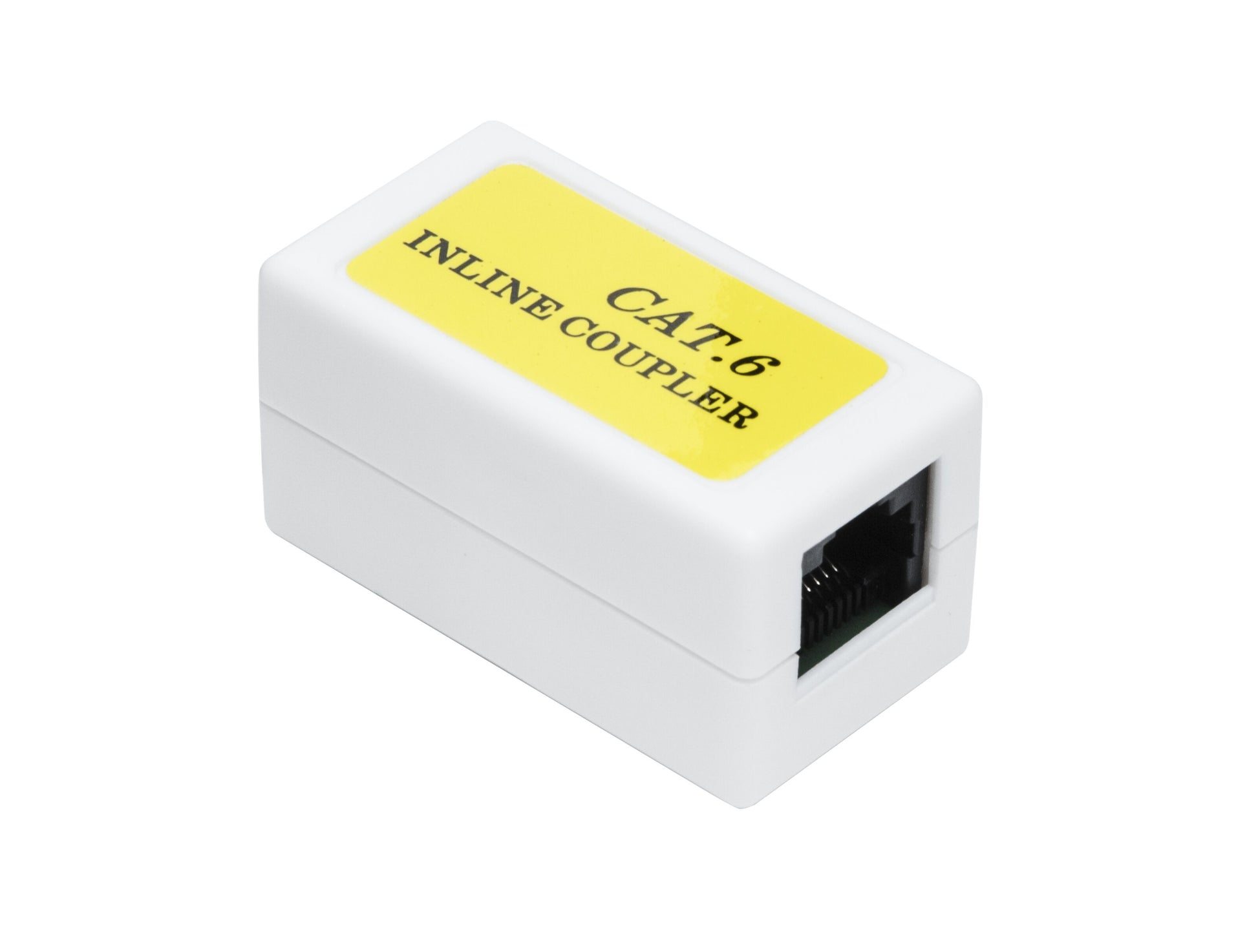 RJ45 Cat. 6 UTP skarvstykke, rektangulært, inline, gul label, én synlig netværksport.
